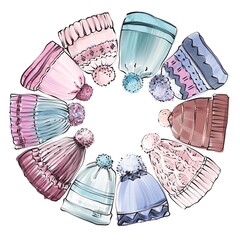 Knit hats with pom pom on white background