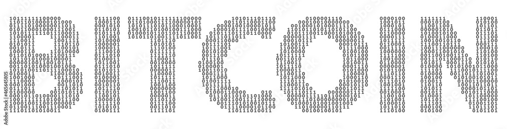 Poster 'bitcoin' word with halftone effect. each letter consists of zeros and ones
