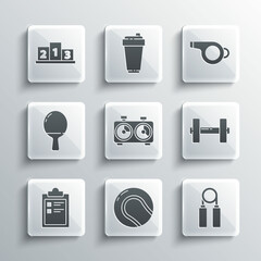 Set Baseball ball, Sport expander, Dumbbell, Time chess clock, training program, Racket for playing table tennis, Award over sports winner podium and Whistle icon. Vector