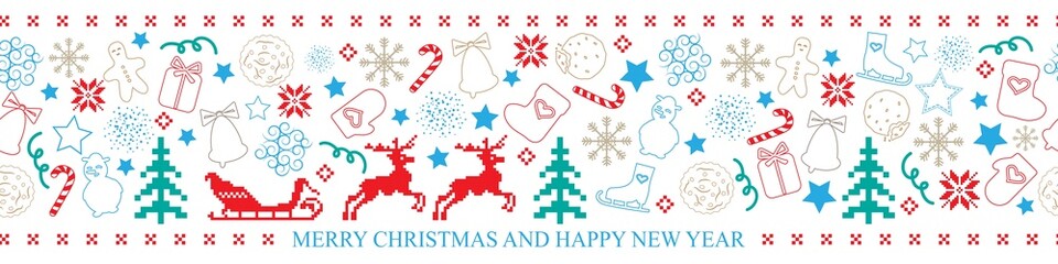 Merry Christmas and Happy New Year winter border banner. Festive seamless pattern in Scandinavian style on white. 