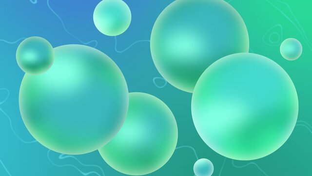 Animated abstract background with moving spheres. Dynamic wallpaper with balls, molecules or particles.  Ad banner or presentation template. modern design green and blue colors. Looped animation