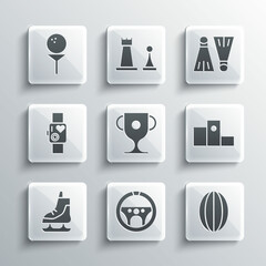 Set Steering wheel, Rugby ball, Award over sports winner podium, cup, Skates, Smart watch showing heart beat rate, Golf on and Rubber flippers for swimming icon. Vector