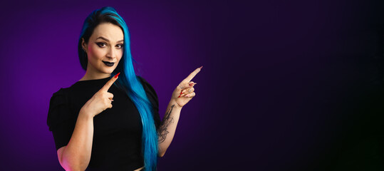 Big banner woman in black friday, shopping, expressions, pointing to the side, blue hair, copy space, black background, neon style for websites, billboards and boards.