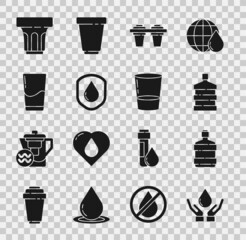 Set Washing hands with soap, Big bottle clean water, Water filter, Waterproof, Glass, and icon. Vector