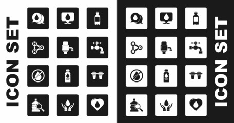 Set Bottle of water, Mechanical pump for, Chemical formula H2O, Water drop with speech bubbles, tap, location, filter and forbidden icon. Vector