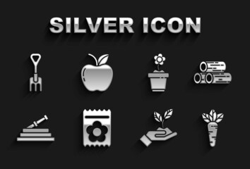 Set Pack full of seeds of plant, Wooden logs, Carrot, Plant in hand environmental, Garden hose or fire hose, Flower pot, rake and Apple icon. Vector