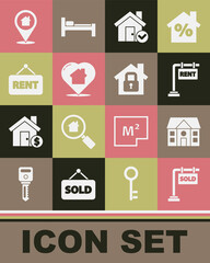 Set Hanging sign with Sold, House, Rent, check mark, heart shape, Location house and under protection icon. Vector