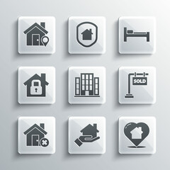 Set Realtor, House with heart shape, Hanging sign Sold, wrong mark, under protection, Location house and Bed icon. Vector