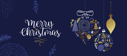 Fototapeta na wymiar Merry Christmas gold winter doodle web template