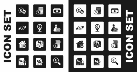 Set Stacks paper money cash, Cash location, Financial growth and dollar, Money coin with percent, bag, Coin, and House percant discount icon. Vector