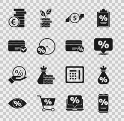 Set Percent discount and mobile, Money bag with percent, Discount tag, Financial growth dollar, Clock, Credit card, Coin money euro symbol and icon. Vector