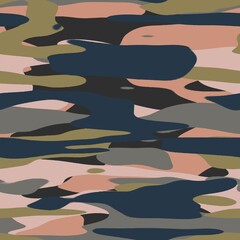 Seamless colorful happy camoflauge inspired surface pattern design for print. High quality illustration. Random military style abstract shape textile apparel fashion non-print for kids or adults.