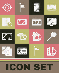 Set Location with house, Push pin, Monitor location marker, City map navigation, Gps device, Toll road traffic sign, Target sport and icon. Vector