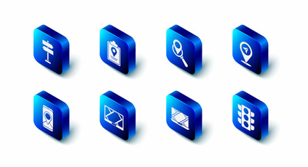 Set Folded map with location marker, Search, Location, Traffic light, City navigation, Gps device, and Road traffic sign icon. Vector