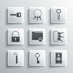 Set Old key, Eye scan, Bunch of keys, Folder and lock, Crowbar, Lock, Key and icon. Vector