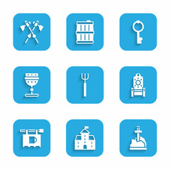Set Garden pitchfork, Castle, fortress, Sword in the stone, Medieval throne, Street signboard with Bar, goblet, Old key and Crossed medieval axes icon. Vector