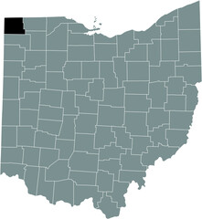 Black highlighted location map of the Williams County inside gray administrative map of the Federal State of Ohio, USA