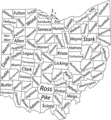 White vector administrative map of the Federal State of Ohio, USA with black borders and name tags of its counties