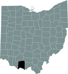 Black highlighted location map of the Adams County inside gray administrative map of the Federal State of Ohio, USA