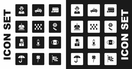 Set Double decker bus, Water drop, British crown, Queen Elizabeth, London underground, Taxi car, Rugby ball and soldier icon. Vector