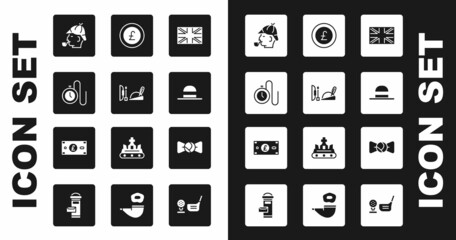 Set Flag of Great Britain, Robin hood hat, Watch with chain, Sherlock Holmes, Elegant women, Coin money pound, Bow tie and Pound sterling icon. Vector