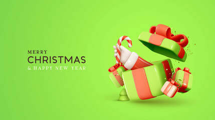 Christmas and New Year gift boxes, with an open surprise box Santa's hand gives candy cane. Falling green present and gold confetti. Festive Xmas background. Realistic 3d Design Vector illustration