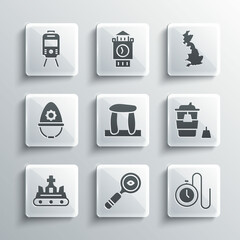 Set Magnifying glass, Watch with chain, Coffee cup to go, Stonehenge, British crown, police helmet, Tram and railway and England map icon. Vector