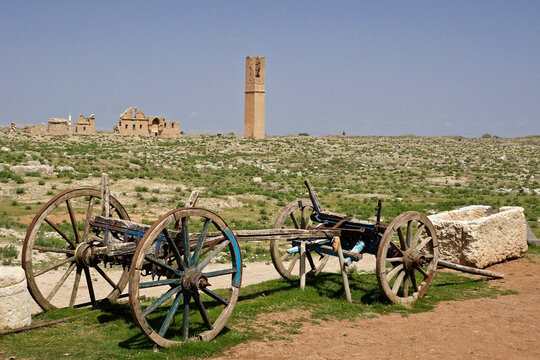 Old wood wagon and ruins of Grand Mosque (Ulu Cami), Harran (Altinbasak), Eastern Anatolia, Turkey