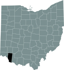 Black highlighted location map of the Clermont County inside gray administrative map of the Federal State of Ohio, USA
