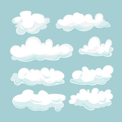Cartoon clouds set isolated on blue background. Cloudscape in blue sky, white cloud vector illustration.
