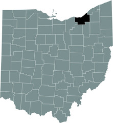 Black highlighted location map of the Cuyahoga County inside gray administrative map of the Federal State of Ohio, USA