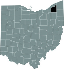 Obraz na płótnie Canvas Black highlighted location map of the Geauga County inside gray administrative map of the Federal State of Ohio, USA