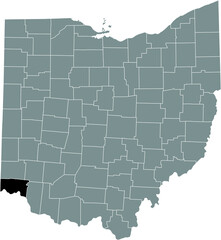 Black highlighted location map of the Hamilton County inside gray administrative map of the Federal State of Ohio, USA