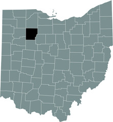 Black highlighted location map of the Hancock County inside gray administrative map of the Federal State of Ohio, USA