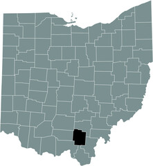 Black highlighted location map of the Jackson County inside gray administrative map of the Federal State of Ohio, USA