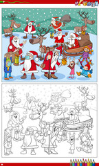 cartoon Santa Claus Christmas characters group coloring book page