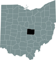 Black highlighted location map of the Licking County inside gray administrative map of the Federal State of Ohio, USA