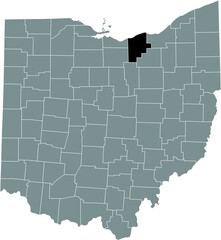 Black highlighted location map of the Lorain County inside gray administrative map of the Federal State of Ohio, USA