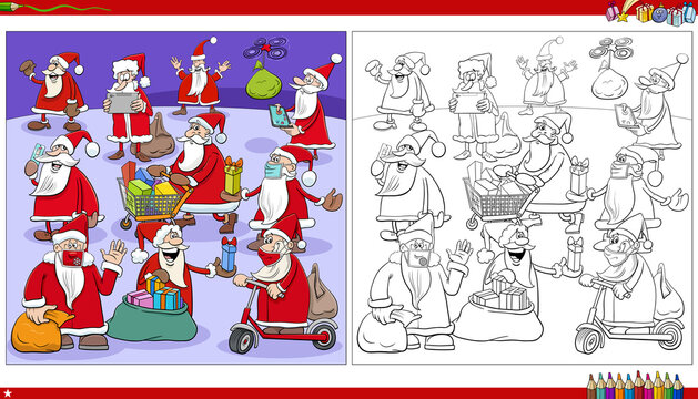 Santa Claus Christmas characters group coloring book page