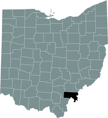 Black highlighted location map of the Meigs County inside gray administrative map of the Federal State of Ohio, USA
