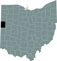 Black highlighted location map of the Mercer County inside gray administrative map of the Federal State of Ohio, USA