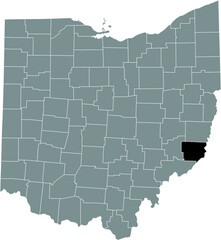 Black highlighted location map of the Monroe County inside gray administrative map of the Federal State of Ohio, USA