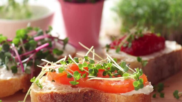Female hand adding microgreen to salmon toast. Cooking tasty breakfast. Healthy food and dieting concept