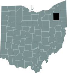 Black highlighted location map of the Portage County inside gray administrative map of the Federal State of Ohio, USA