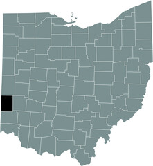 Black highlighted location map of the Preble County inside gray administrative map of the Federal State of Ohio, USA