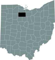 Black highlighted location map of the Seneca County inside gray administrative map of the Federal State of Ohio, USA