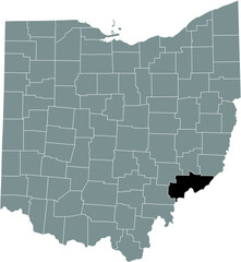 Black highlighted location map of the Washington County inside gray administrative map of the Federal State of Ohio, USA