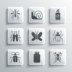 Set Glass jar, Beetle deer, Stink bug, Butterfly, Chafer beetle, Mosquito and Spray against insects icon. Vector