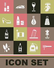 Naklejka premium Set Pasta spaghetti, Mannequin, Grater, Wine glass, Lipstick, Woman shoe, Mascara brush and Mandolin icon. Vector