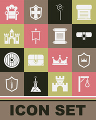 Set Gallows, Shield with crown, Decree, parchment, scroll, Magic staff, Medieval flag, Castle, fortress, throne and icon. Vector